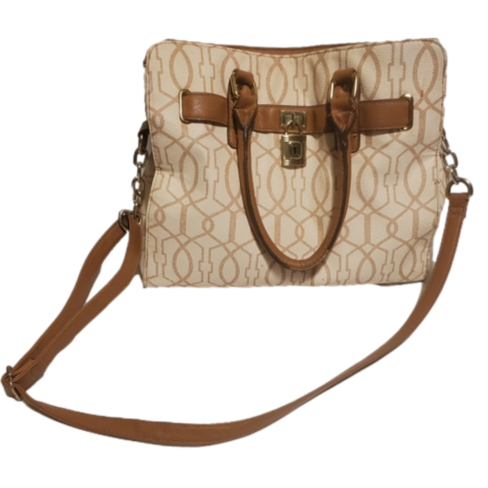 Tan and White Purse With Gold Lock Detail Large - Picture 1 of 13